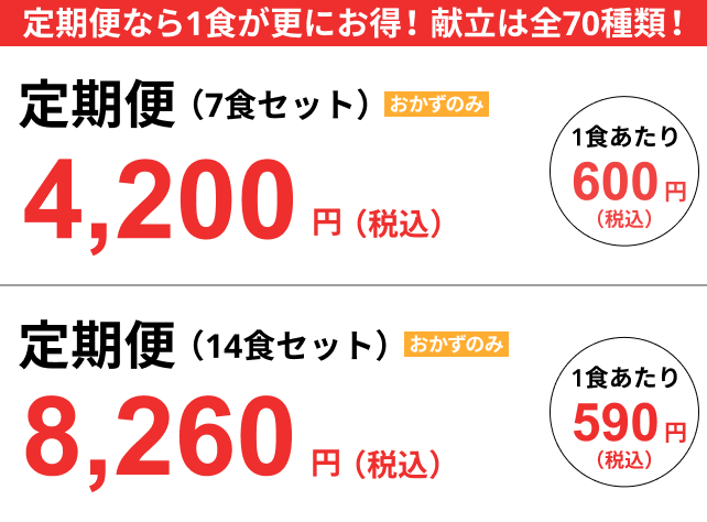 定期便なら1食が更にお得！献立は全70種類！ セット便（7食セット／14食セット）