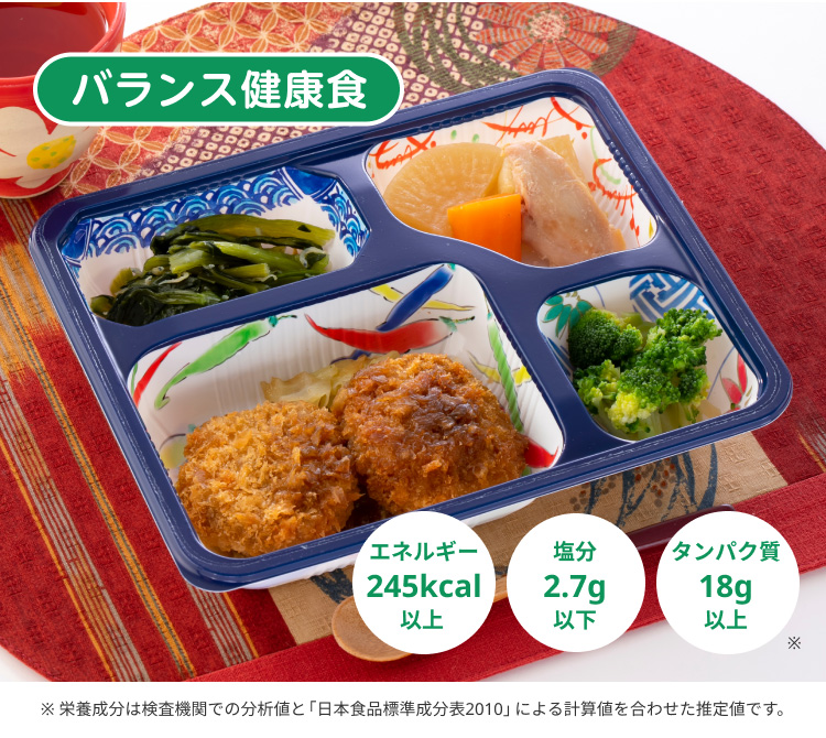 バランス健康食：エネルギー245kcal以上／塩分2.7g以下／タンパク質18g以上