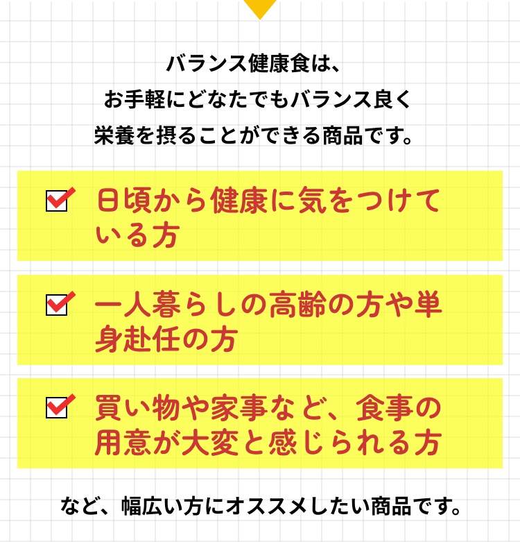 バランス健康食は、お手軽にどなたでもバランス良く栄養を摂ることができる商品です。「日頃から健康に気をつけている方」「一人暮らしの高齢の方や単身赴任の方」「買い物や家事など、食事の用意が大変と感じられる方」など、幅広い方にオススメしたい商品です。