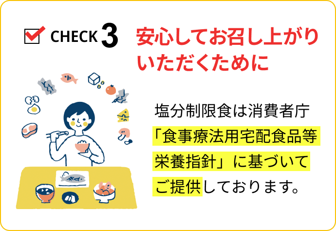 CHECK3 安心してお召し上がりいただくために：塩分制限食は消費者庁「食事療法用宅配食品等栄養指針」に基づいてご提供しております。