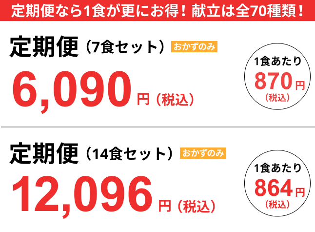 定期便なら1食が更にお得！献立は全70種類！ セット便（7食セット／14食セット）