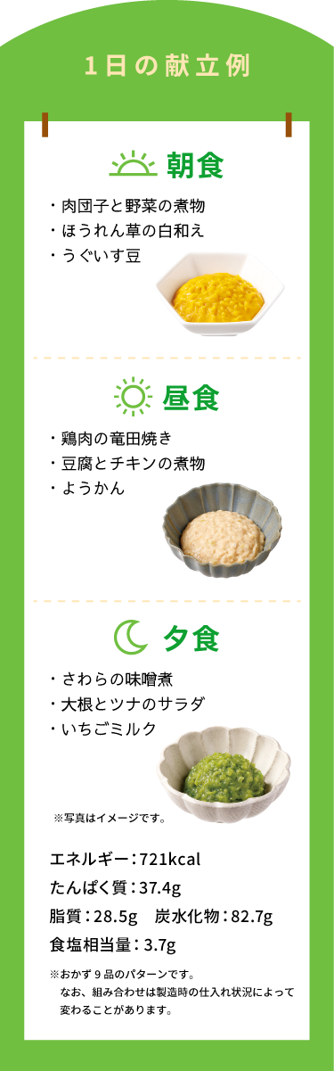 1日の献立例:朝食(肉団子と野菜の煮物、ほうれん草の白和え、うぐいす豆)、昼食(鶏肉の竜田焼き、豆腐とチキンの煮物、ようかん)、夕食(さわらの味噌煮、大根とツナのサラダ、いちごミルク)※おかず9品のパターンです。なお組み合わせは製造時の仕入れ状況によって変わることがあります。※エネルギー:721kcal たんぱく質:37.4g 脂質:28.5g 炭水化物:82.7g 食塩相当量:3.7g