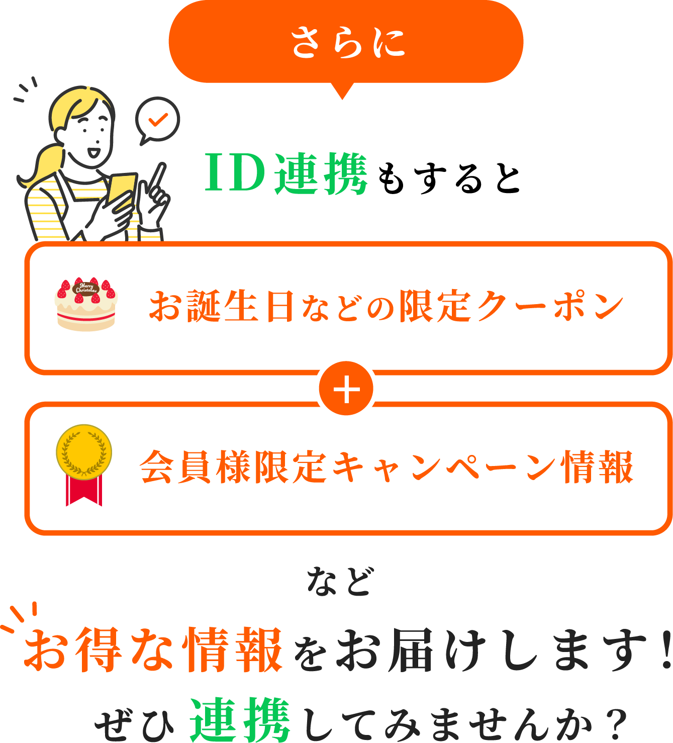 ID連携もするとお誕生日などの限定クーポンや会員様限定キャンペーン情報などお得な情報をお届けします！